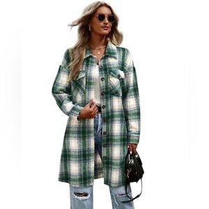 Elan Green and Cream Plaid Flannel Shacket Shirt Jacket  Size L